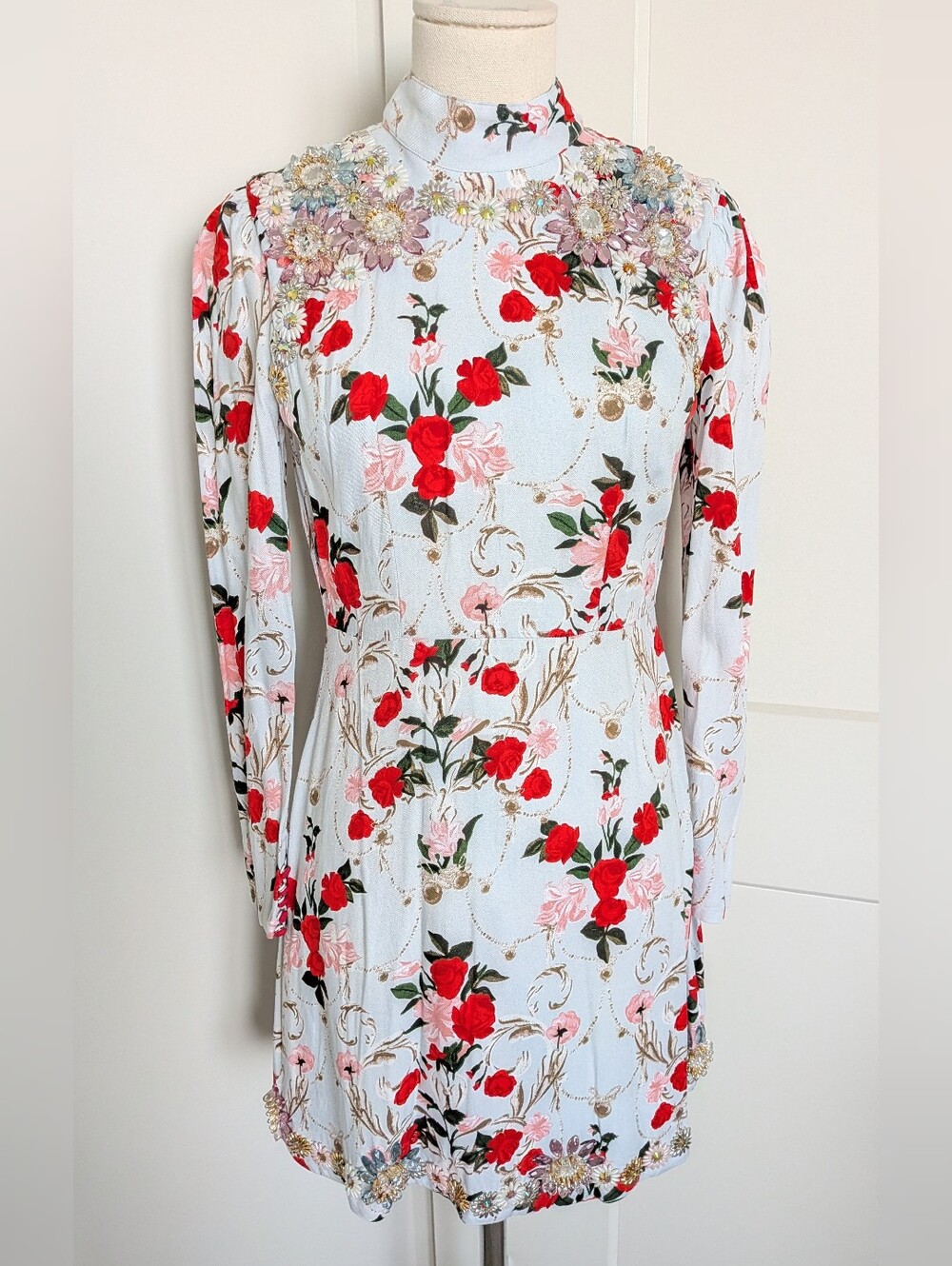 NWT TopShop Light Blue Red Pink Rose Skater Beaded Jewel Floral Dress 4